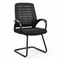 Black side chair with curved arms, perforated backrest, and sled-style metal legs