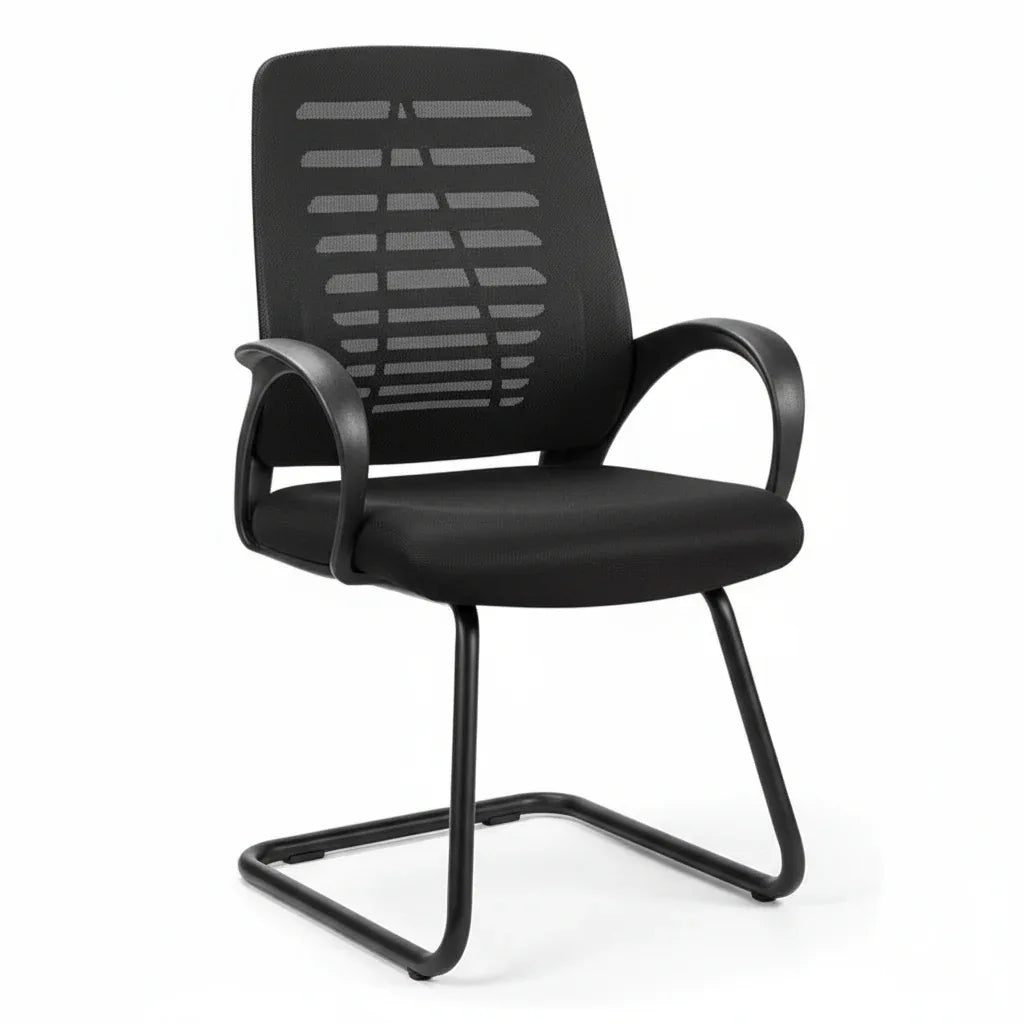 Black side chair with curved arms, perforated backrest, and sled-style metal legs