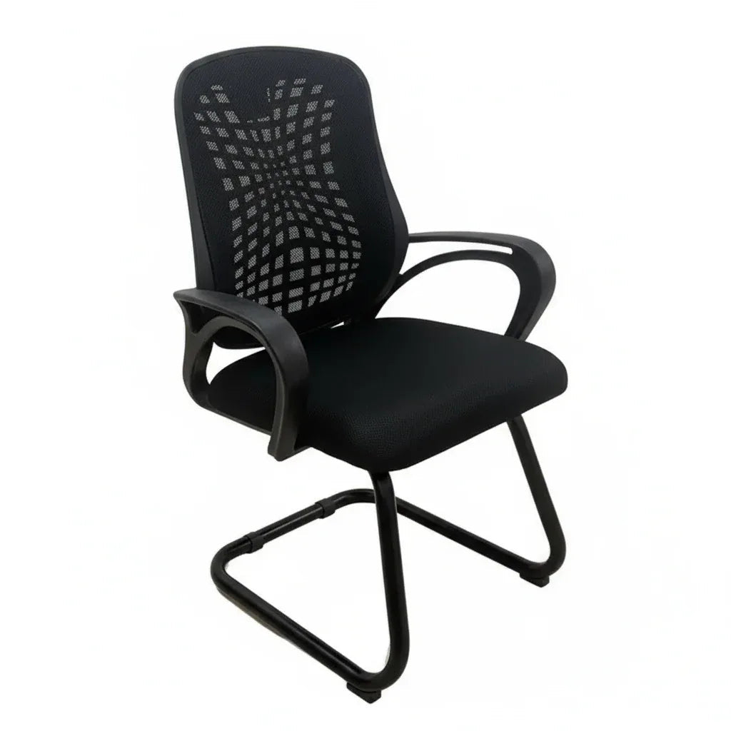 Black side chair with patterned mesh back, padded seat, and sled base with armrests