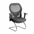 Black side chair with padded seat, contoured back and armrests, sled base