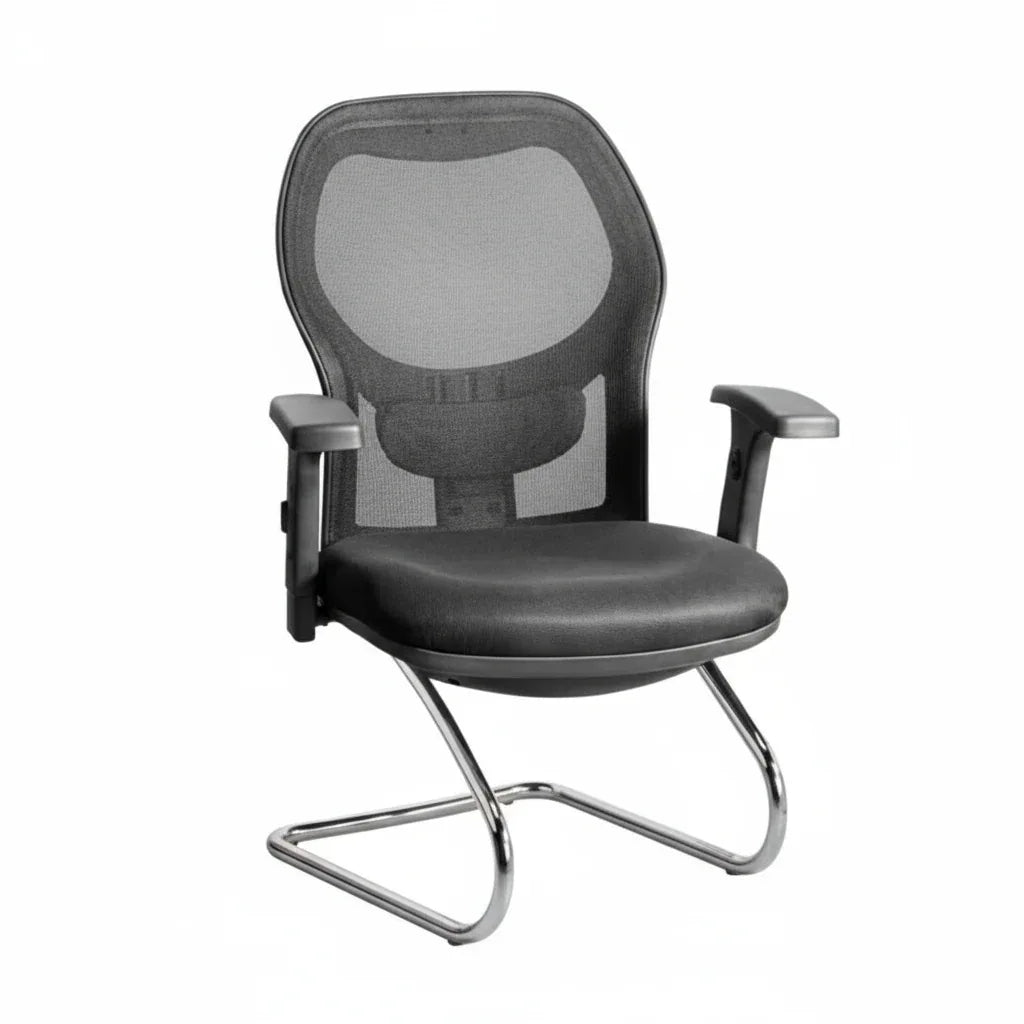 Black side chair with padded seat, contoured back and armrests, sled base