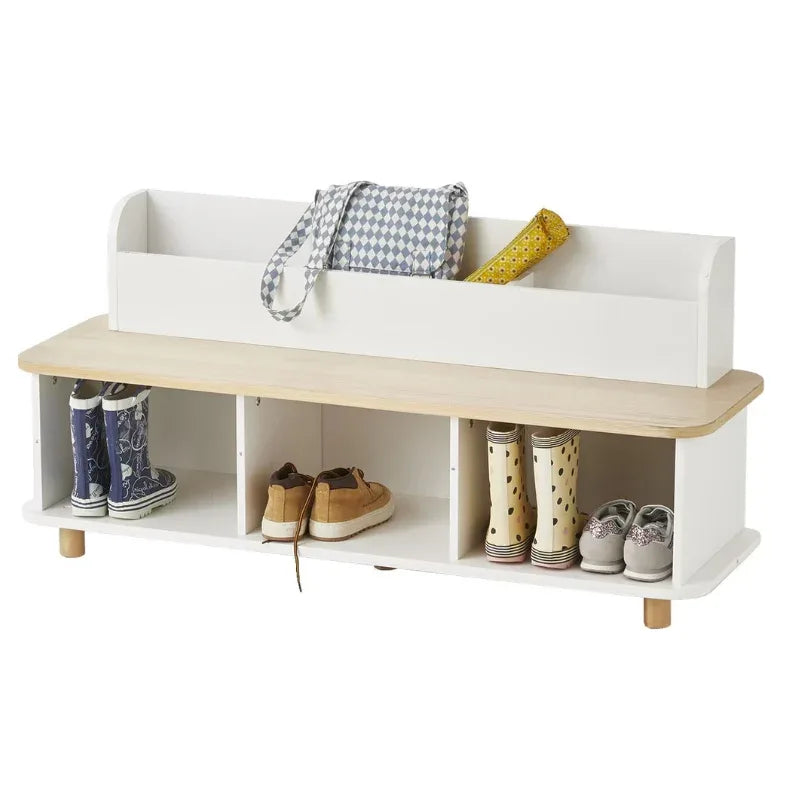 White MDF shoe rack bench with three open sections and wooden top, legs with shelves