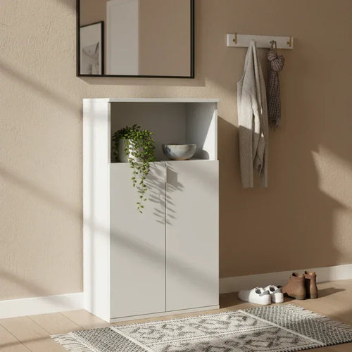 White MDF shoe cabinet with two-door front and open shoe storage shelves