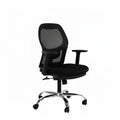 Black mesh office chair with padded seat, armrests, swivel base and caster wheels