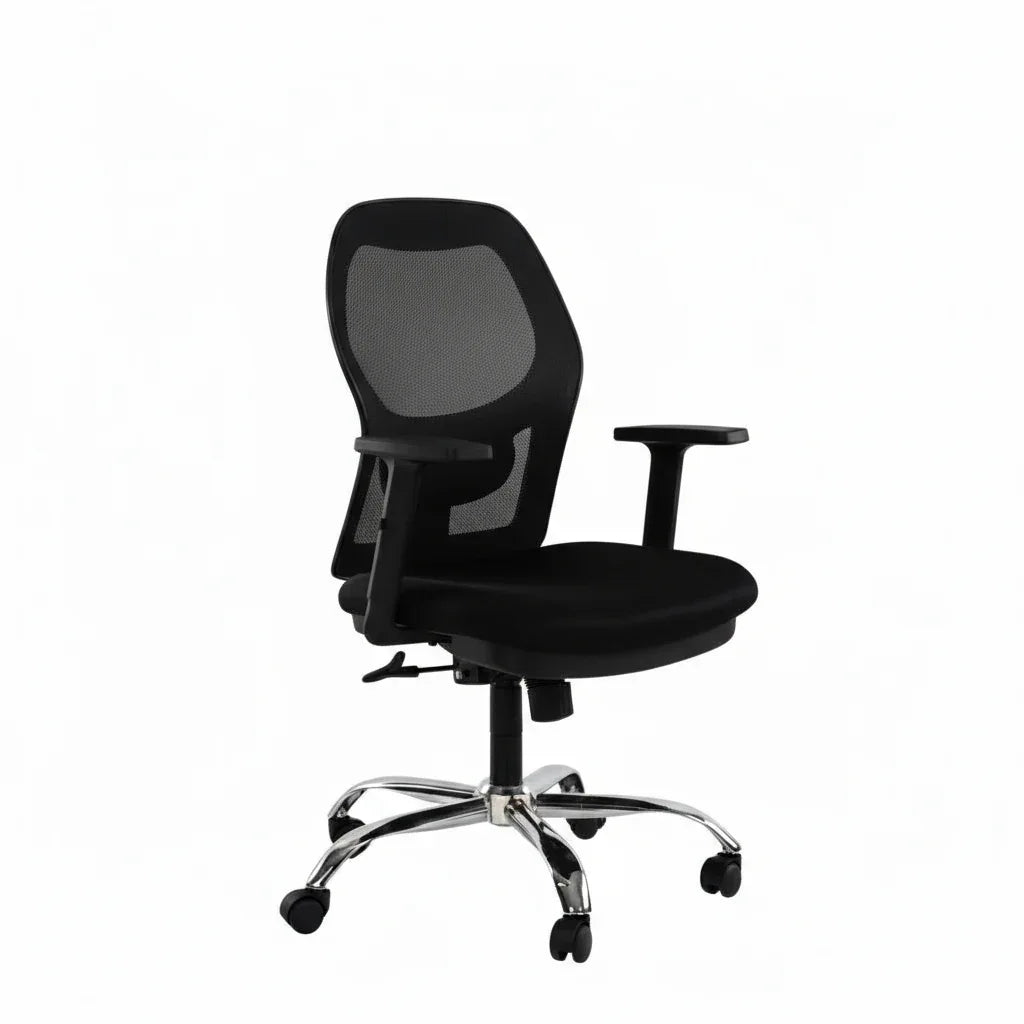 Black mesh office chair with padded seat, armrests, swivel base and caster wheels