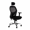 Black manager office chair with headrest, mesh back panel, armrests, swivel casters.