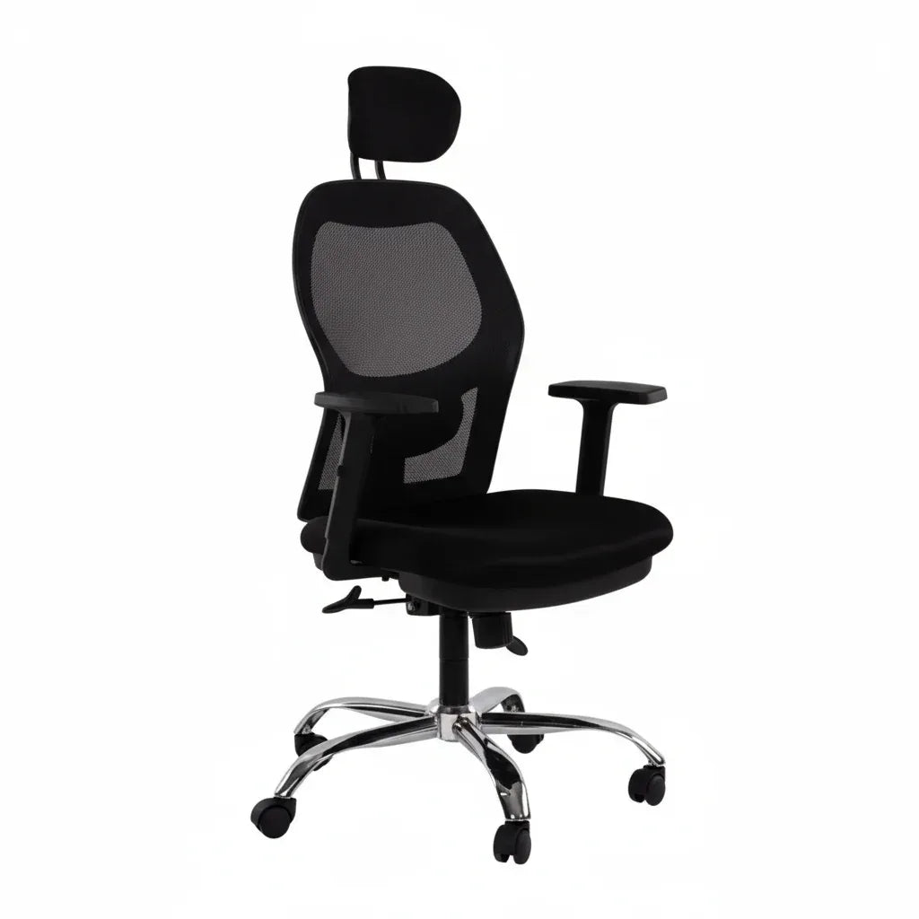 Black manager office chair with headrest, mesh back panel, armrests, swivel casters.
