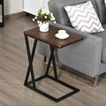 Wood-top side table with dark metal frame and open bottom shelf