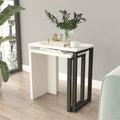 White MDF side table with black metal legs, rectangular top and open frame base.