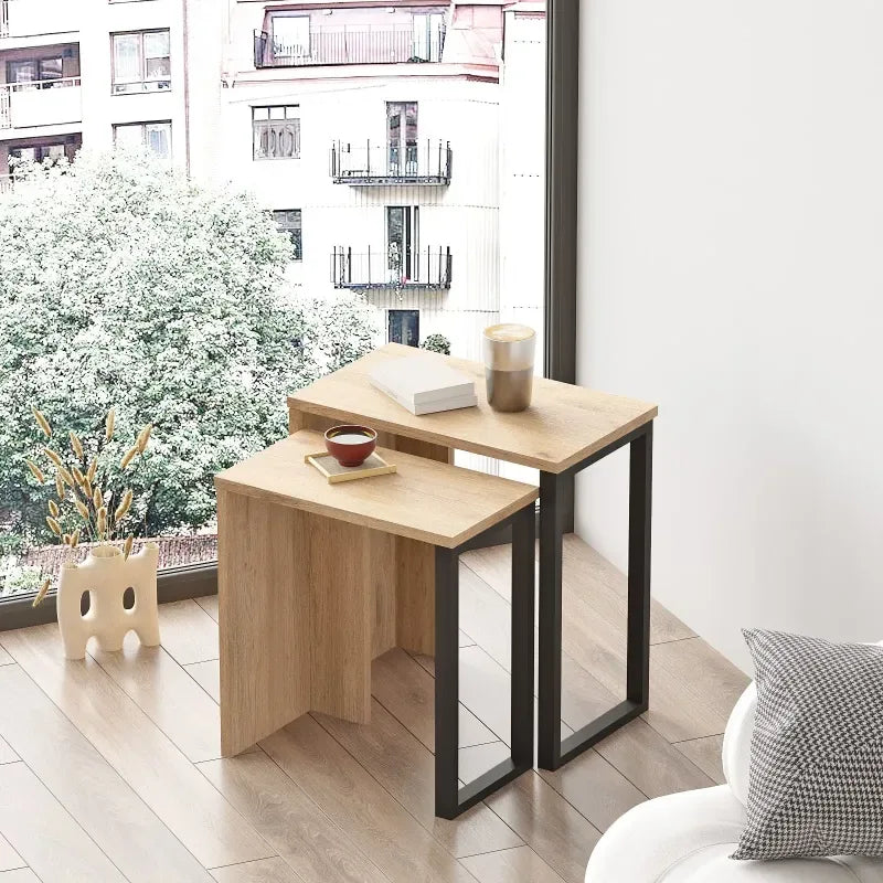 Light wood MDF side table pair with black metal legs, square top and lower shelf.