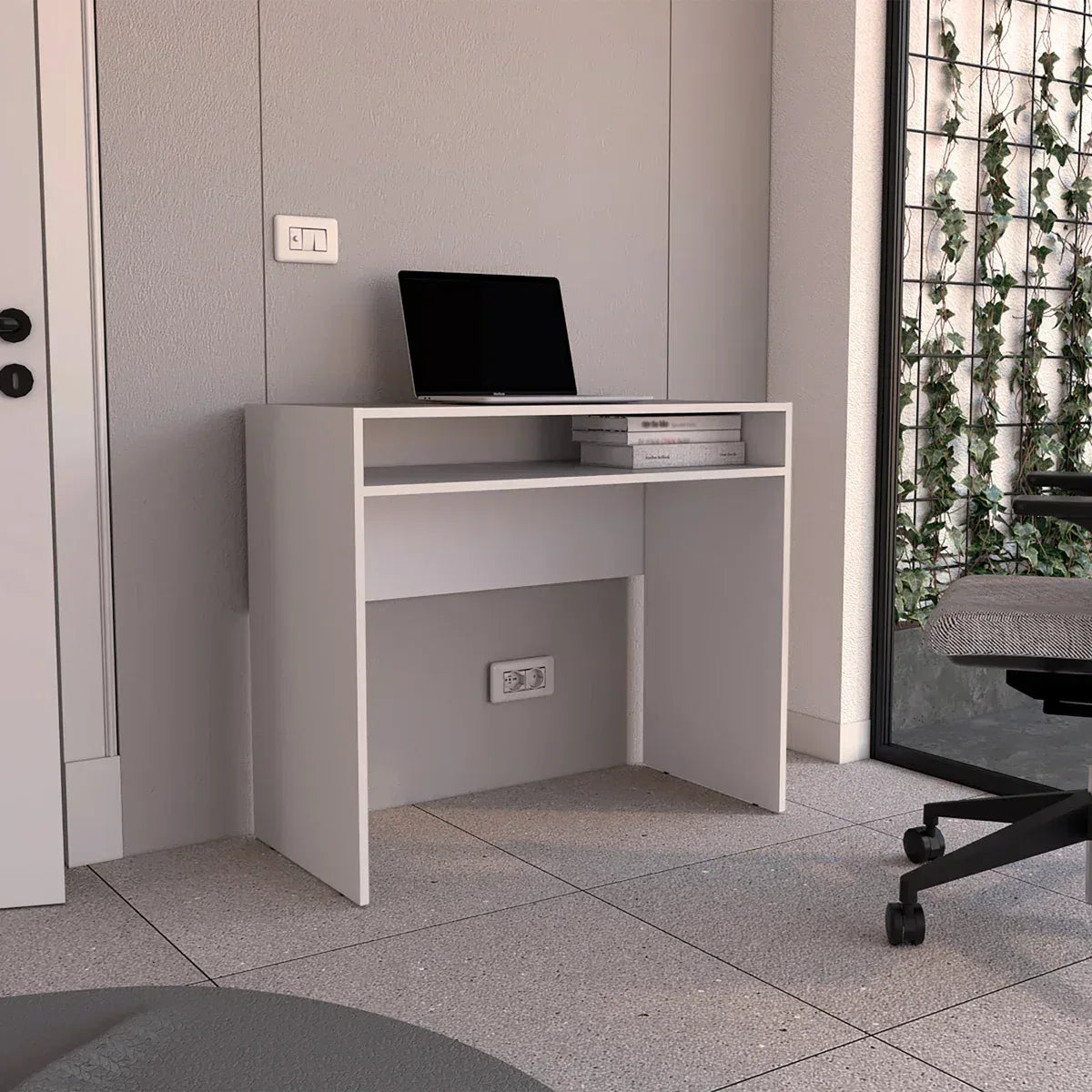 White MDF desk with open shelf, cable cutout, and keyboard tray area under monitor