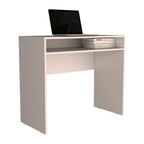 White MDF desk with open top shelf and built-in storage compartment under laptop