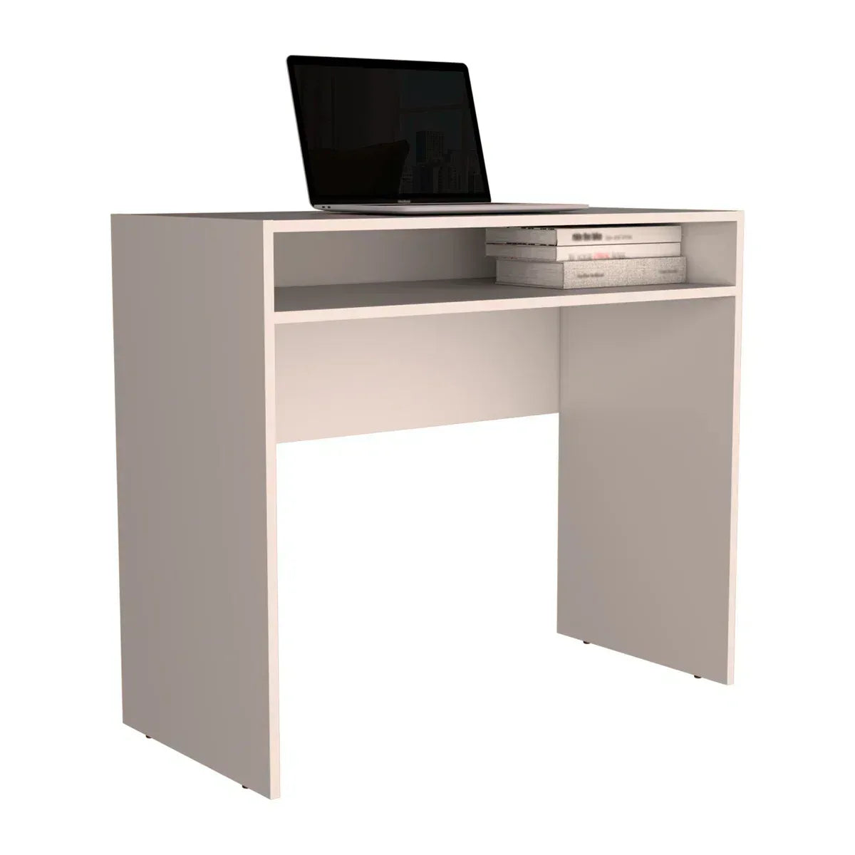 White MDF desk with open top shelf and built-in storage compartment under laptop
