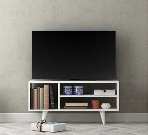 TV table with open shelves, white frame and dark back panel for media storage