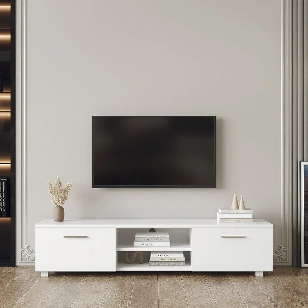 White MDF TV table console with two drawers and open center shelf