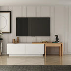 White MDF TV table with open center shelf, side cabinet, and flat-panel TV stand