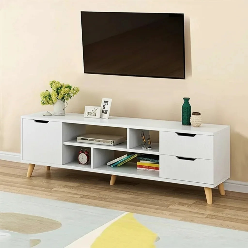 White MDF TV table with open shelves, side compartments, and two drawer fronts