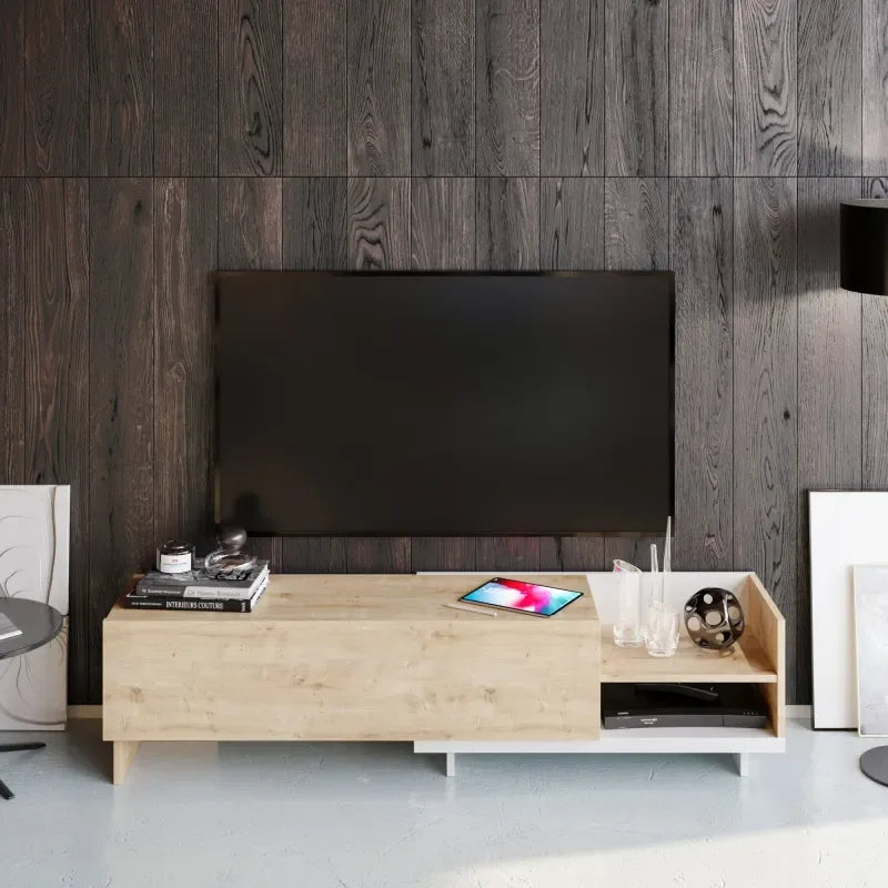 Light wood and white MDF TV table with open media shelf and central cabinet