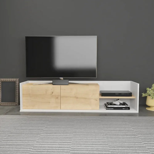 TV table with light wood MDF panels, two cabinet doors and open media shelf