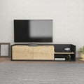 Modern MDF TV table with black frame, light wood cabinet doors, and open media shelves