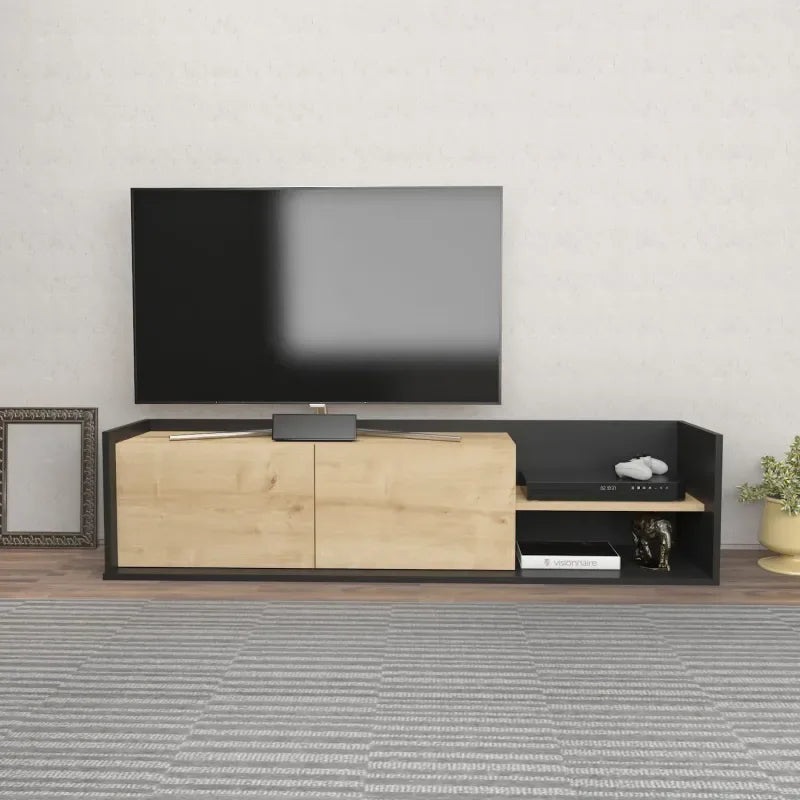 Modern MDF TV table with black frame, light wood cabinet doors, and open media shelves