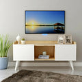 Light wood TV console with two white doors and central open shelf, 120cm wide.