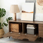 Brown MDF TV stand with open shelves and hinged cabinet doors for media storage