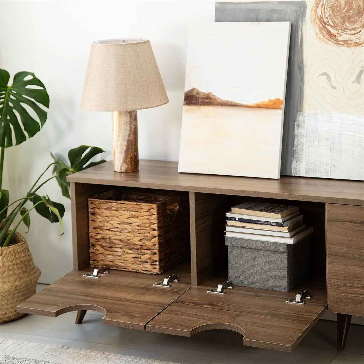 Brown MDF TV stand with open shelves and hinged cabinet doors for media storage