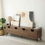 SARA MDF TV table, brown, four drawers with curved cutout handles, tapered legs