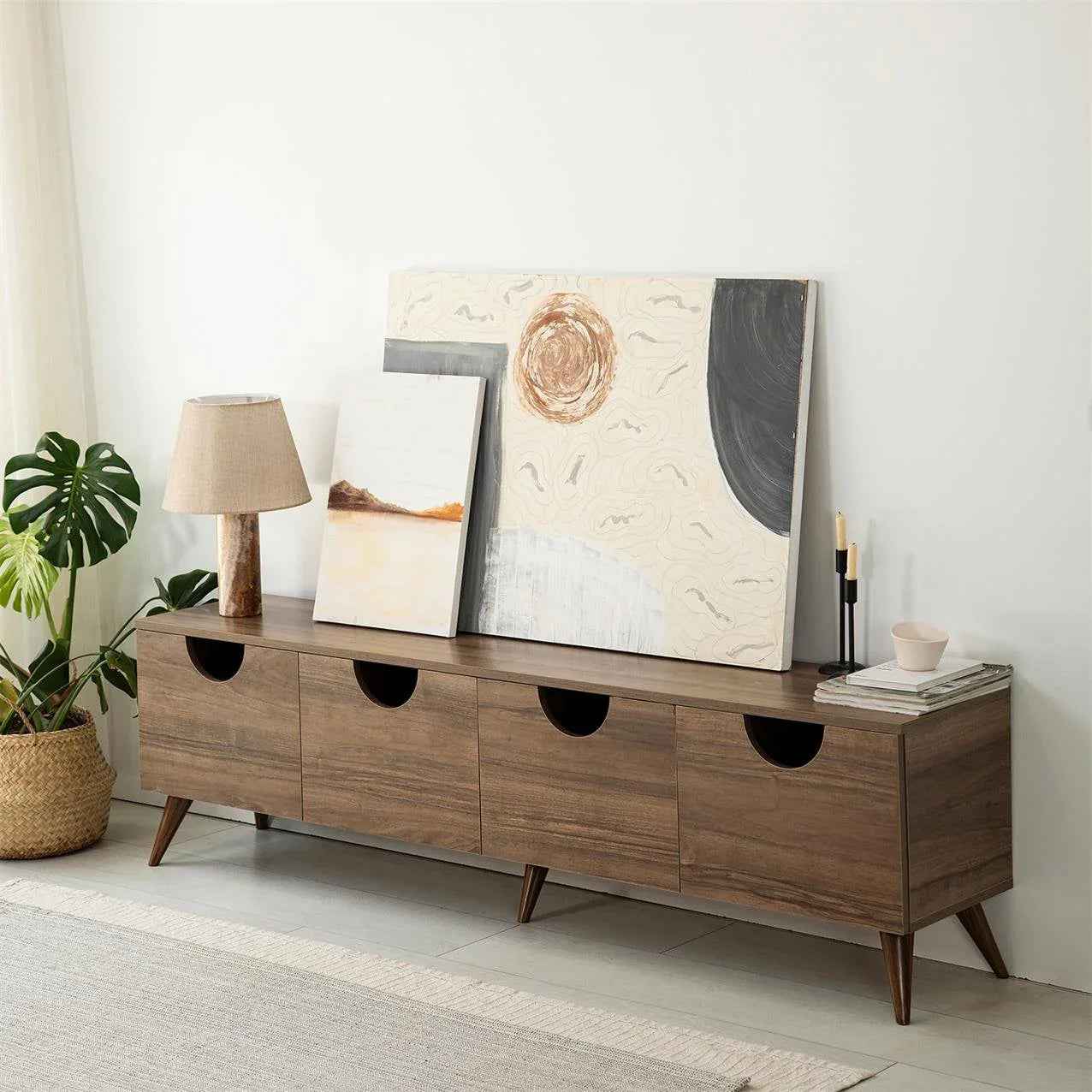 SARA MDF TV table, brown, four drawers with curved cutout handles, tapered legs