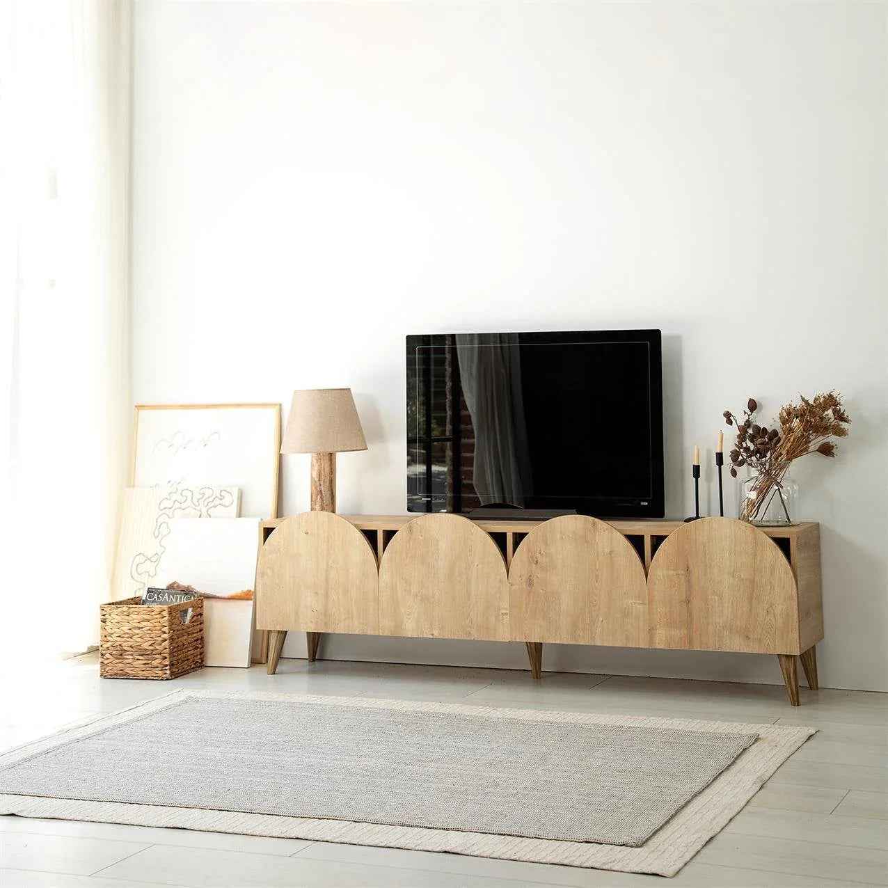 LUCILLE MDF TV table with scalloped front panels and slim wooden legs