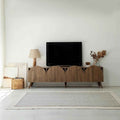 BERNICE TV table with arched front panels, dark wood finish, tapered legs