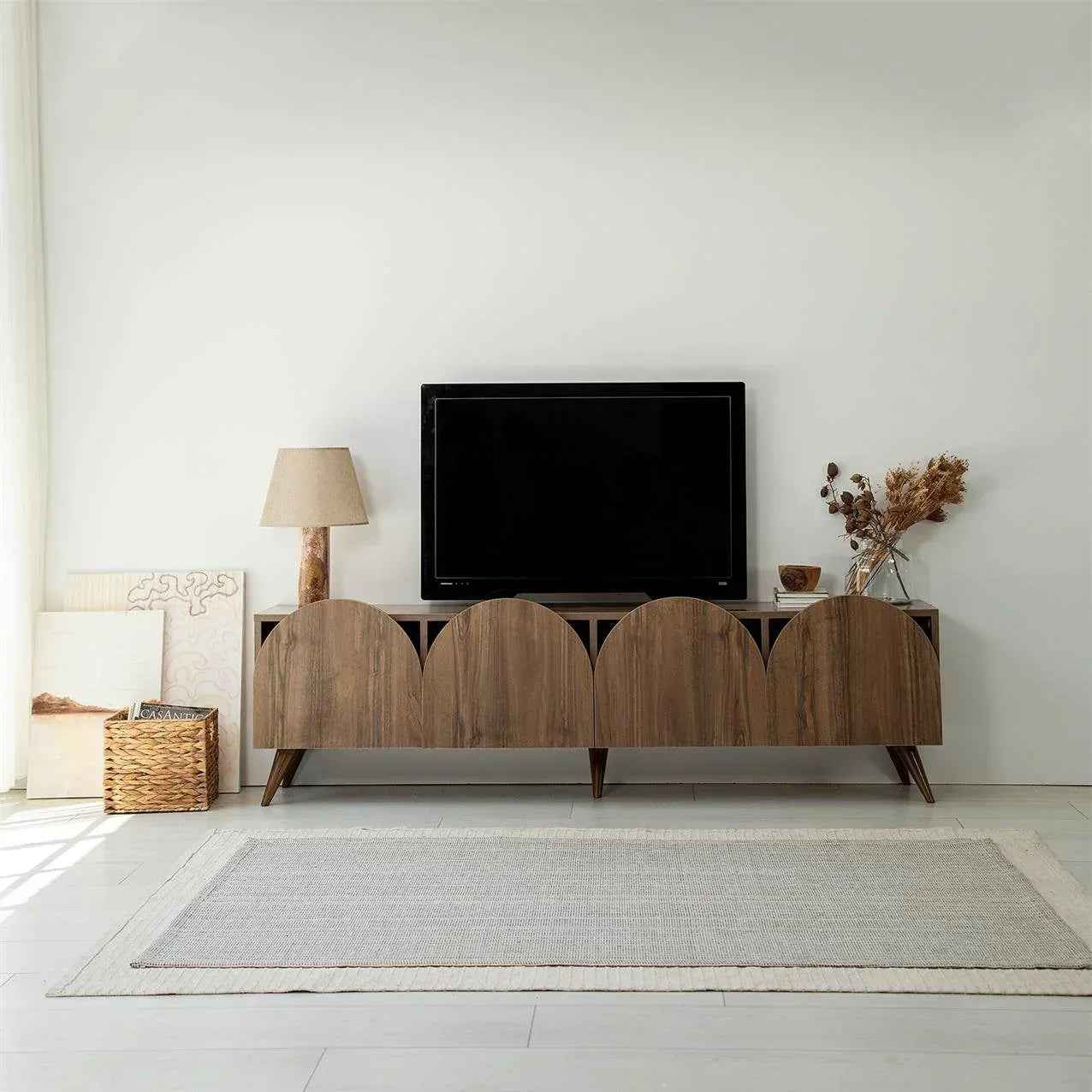 BERNICE TV table with arched front panels, dark wood finish, tapered legs
