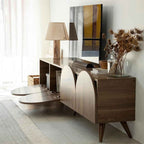 Wood TV media console with arched door panels, drawers, tapered legs