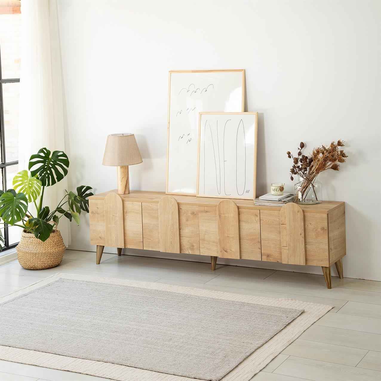 MARIA MDF TV table, light wood-effect finish, four-panel cabinet doors and legs
