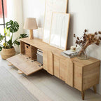 Light wood-effect MDF TV table with hinged shelf panel and storage cabinet doors
