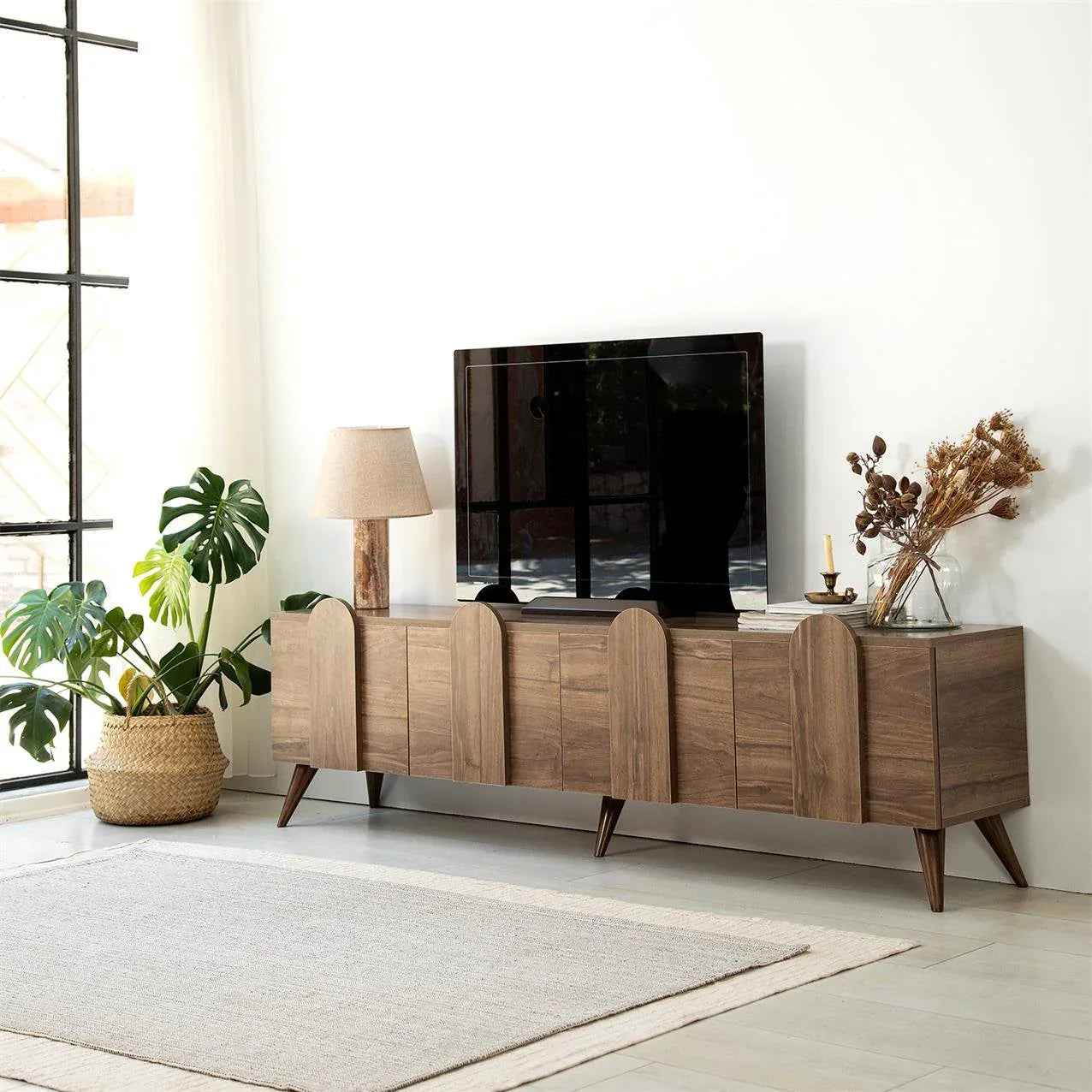 Light wood MDF TV table with panel doors, flared legs, long 180cm console