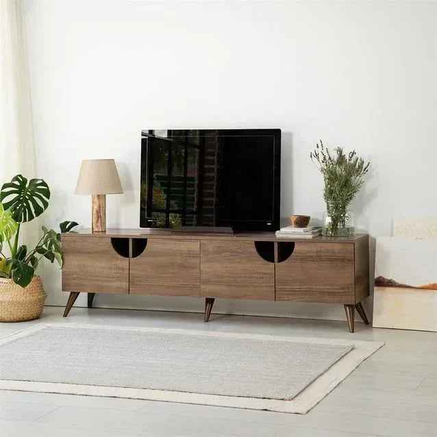 AMY TV table in light oak MDF with 4 doors and curved cutout pulls