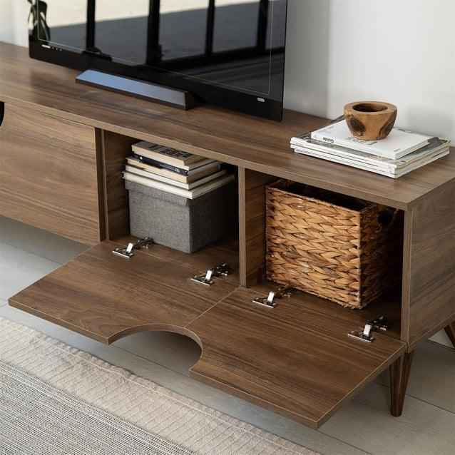 Light oak MDF TV table with open shelf compartments and woven storage baskets