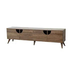 Light oak TV cabinet table with four drawers and tapered wooden legs