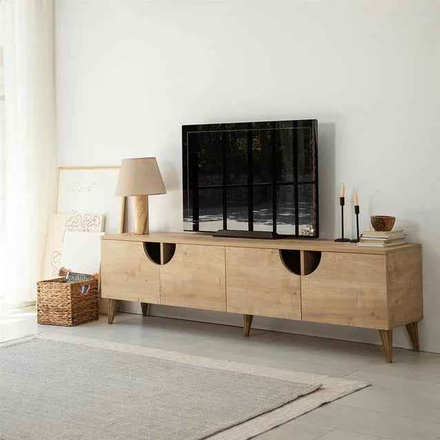 Light wood-look MDF TV table with arched door cutouts and tapered legs