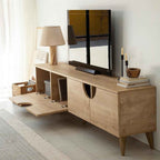 Light wood-look MDF TV console with arched cabinet doors, open shelf, tapered legs