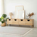Light oak MDF TV table with four drawers and rounded black cutout handles