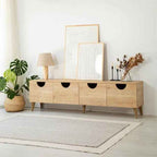 Light oak MDF TV table with four drawers and rounded black cutout handles