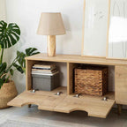 Light wood TV table with two open shelves and removable woven baskets; curved base