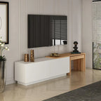 White TV stand with two doors and light-wood cabinet for media storage
