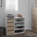 Shoe cabinet with open shelves and 3 drawer compartments, MDF, light wood panels