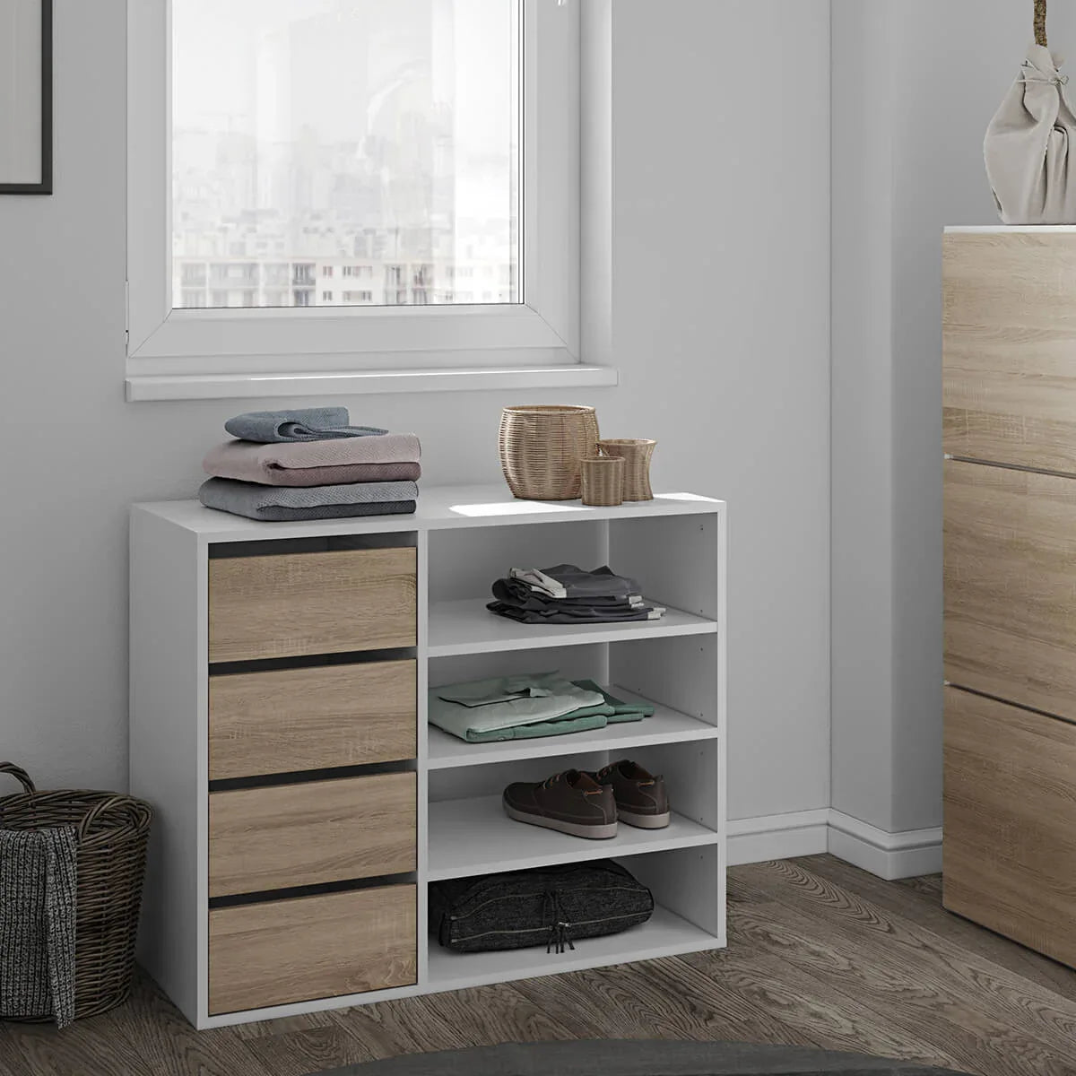 Shoe cabinet with open shelves and 3 drawer compartments, MDF, light wood panels