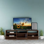 Dark wood TV table with open cubbies and side drawers/cabinets for storage