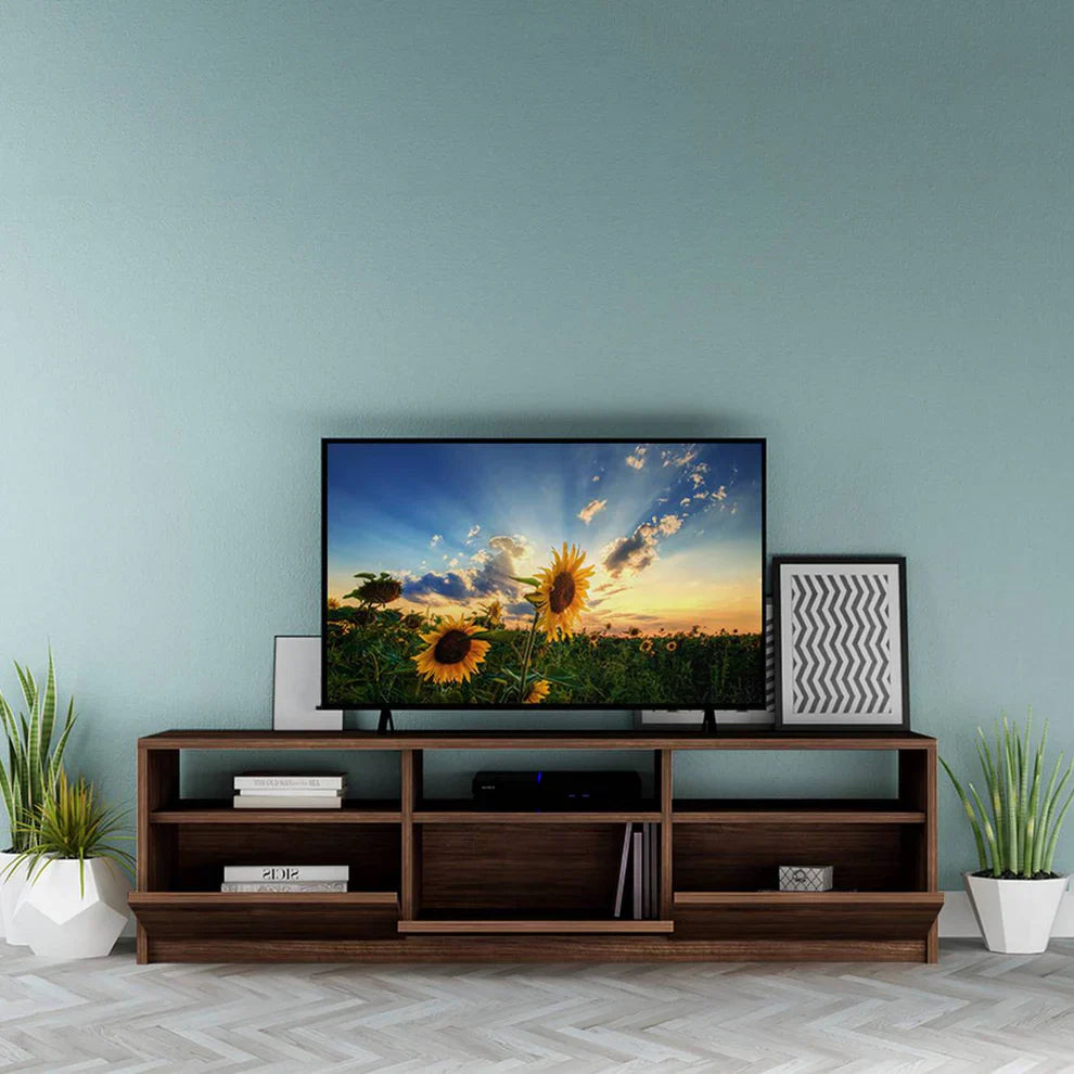Dark wood TV table with open cubbies and side drawers/cabinets for storage